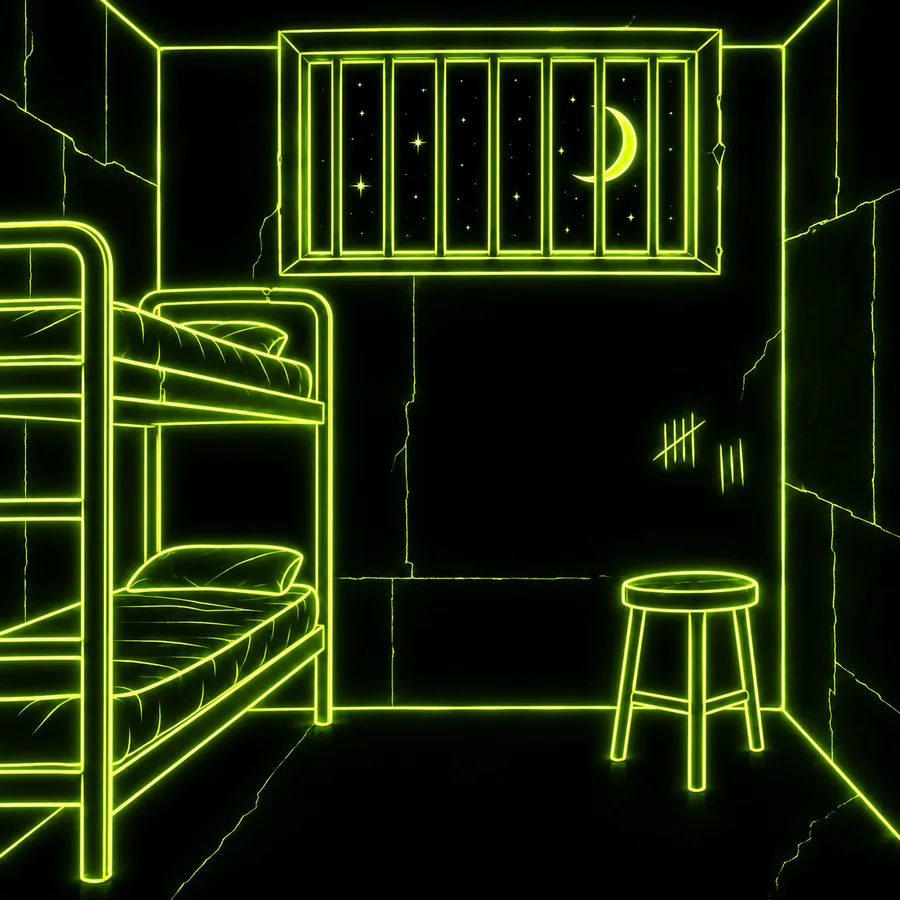 Inside a cell, bunk and barred window